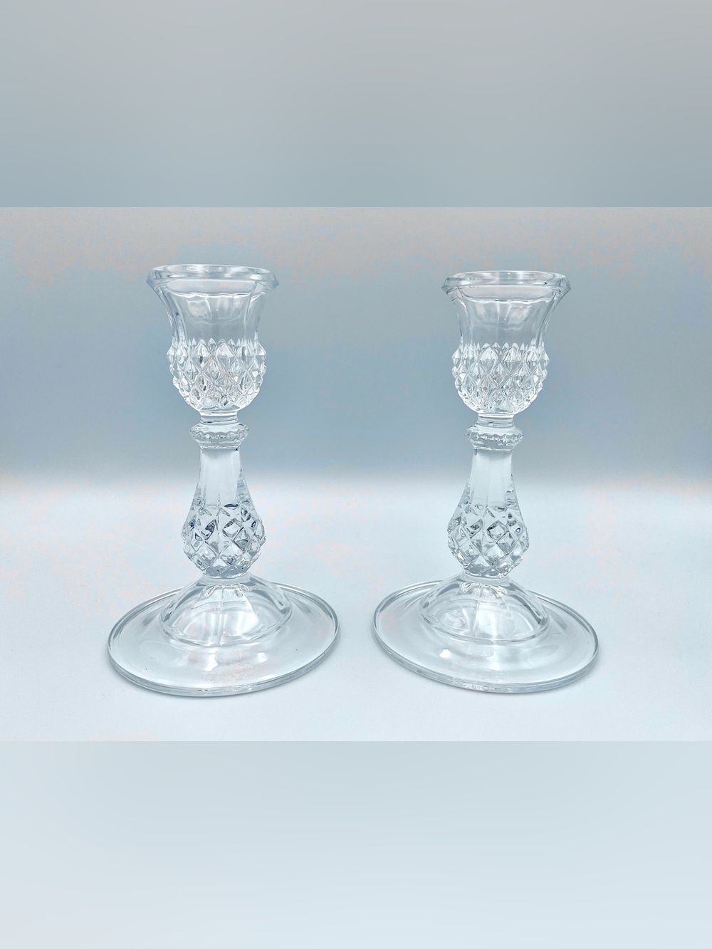 Pair of Vintage 80s Cristal d'Arques Longchamp Lead Crystal Candlestick Holders